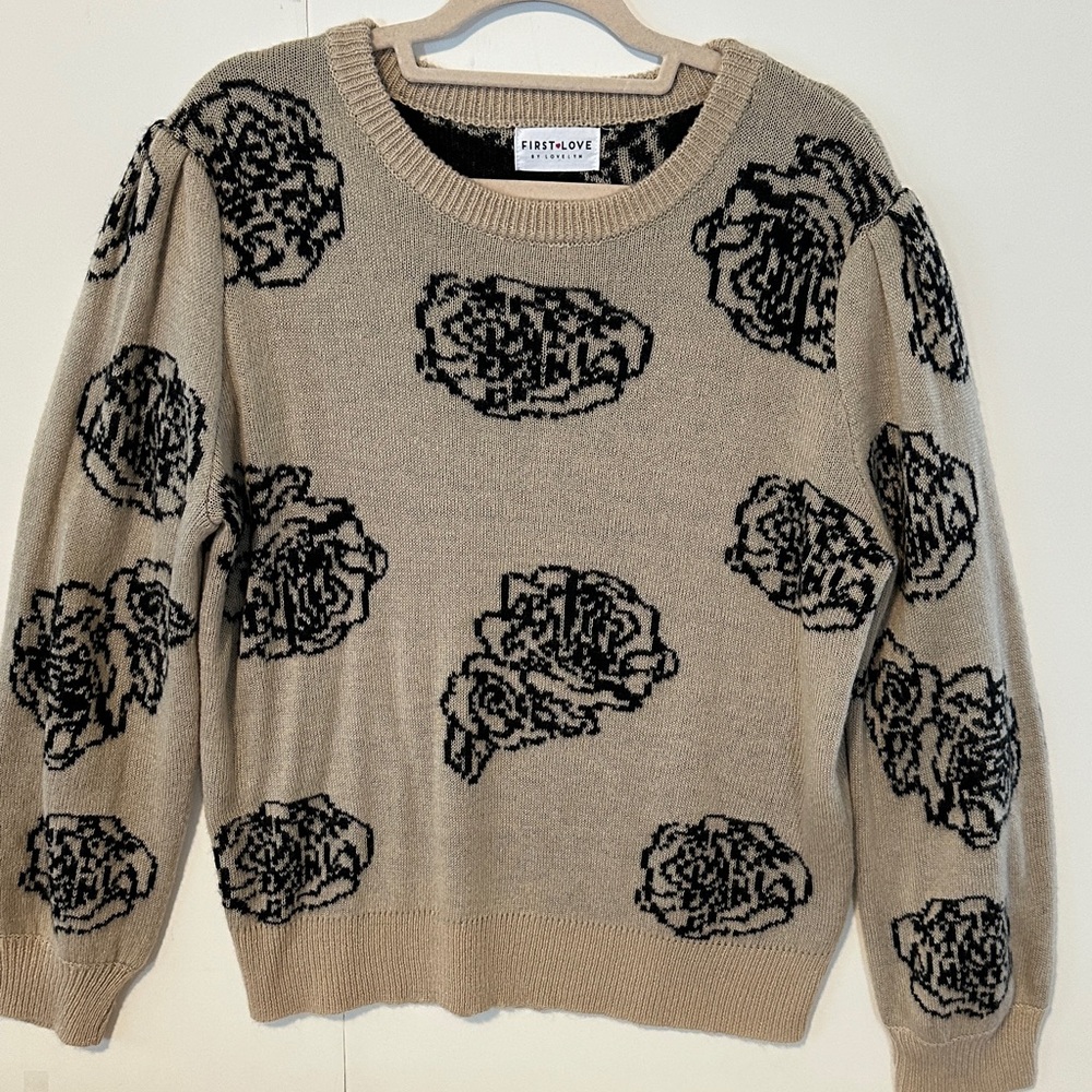 First Love Cream and Black Floral Over Size Sweater